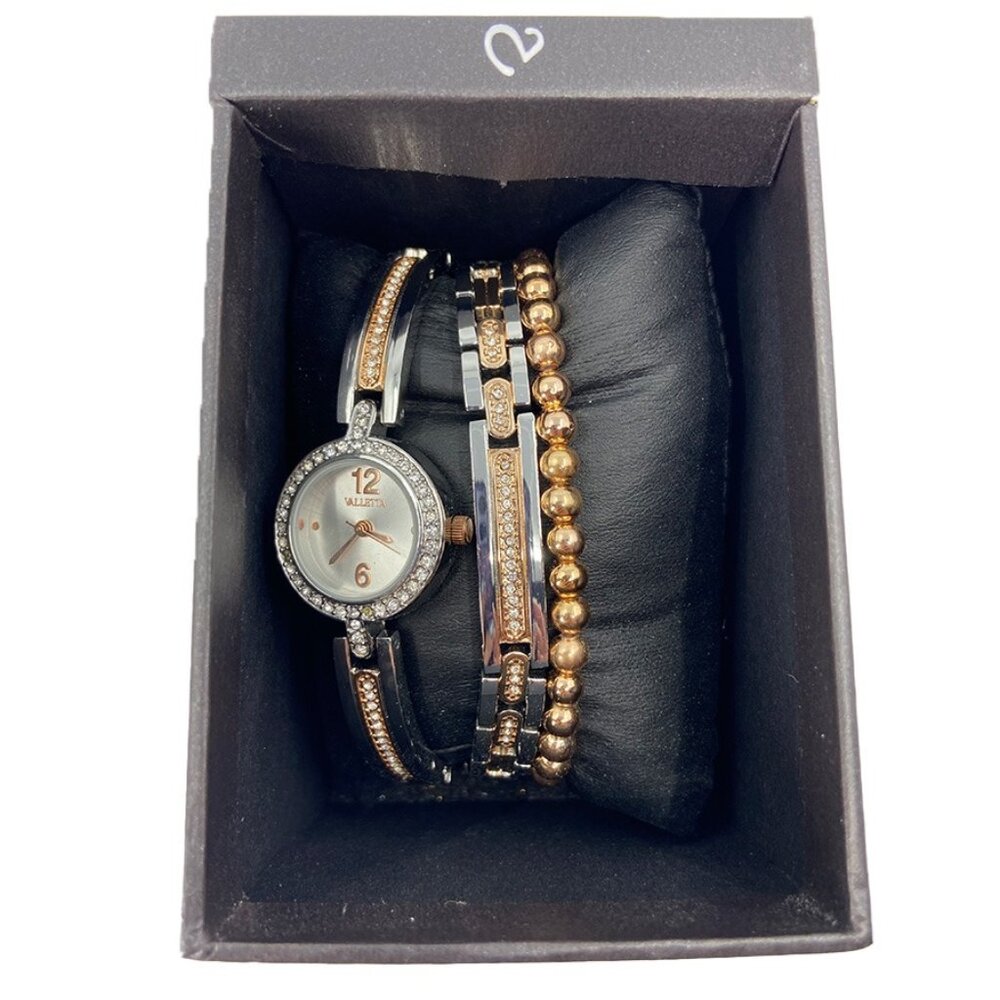 🟣 FMD Valletta Rose Gold and Silver Crystal Women's Bracelet Watch w/2 bracelet